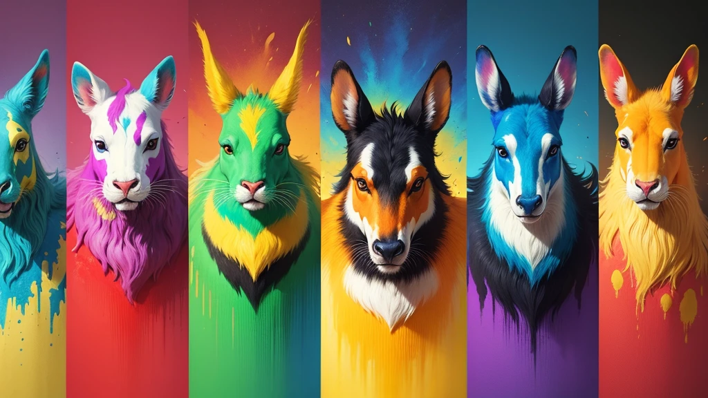 four magical animals made of colorful paints. tintas derramadas por toda parte, explosions of colorful paints.