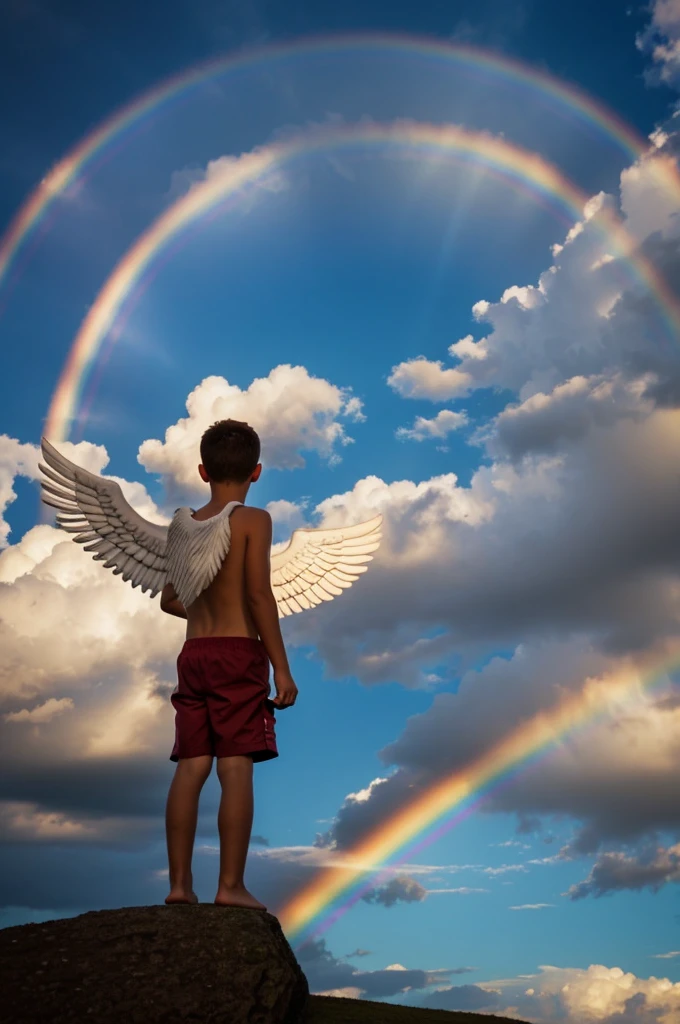 Boy with angel wings behind a rainbow