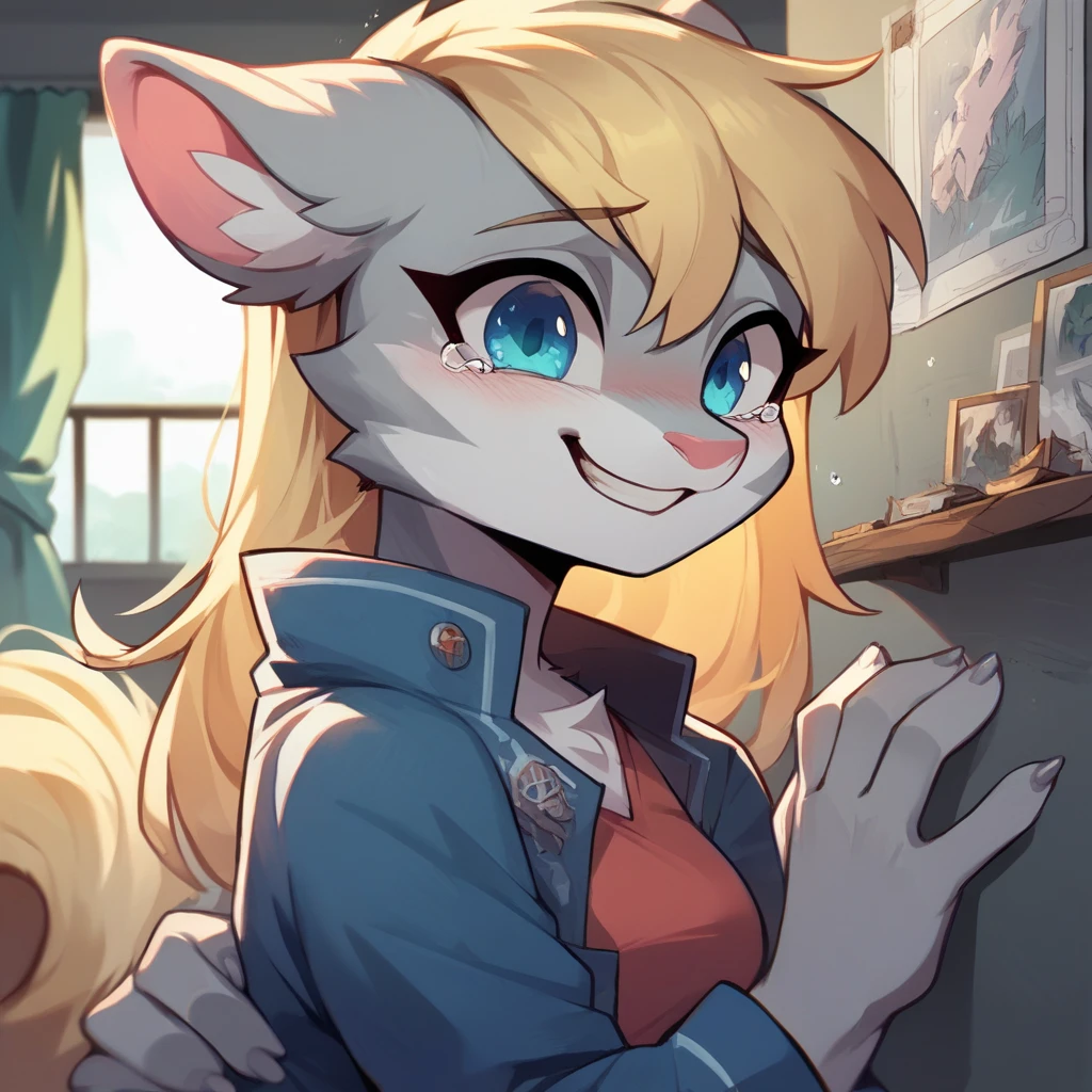 a result_9,a result_8_higher,a result_7_higher, source_cartoon, source_Frey, time, (Masterpiece, Best quality:1.2), an anthro Frey feline girl, Silver fur, Gray lines, Pink nose, Single, :3, Blue eyes, White bristles, Blonde hair, pony tail, Side locks, Acquaintance, Inside, In the bedroom, She is wearing a blue jacket, Throw, The viewer caresses her face, She is smiling, She holds the viewers hand, she’s tearing higher, close higherHave sex without clothes  