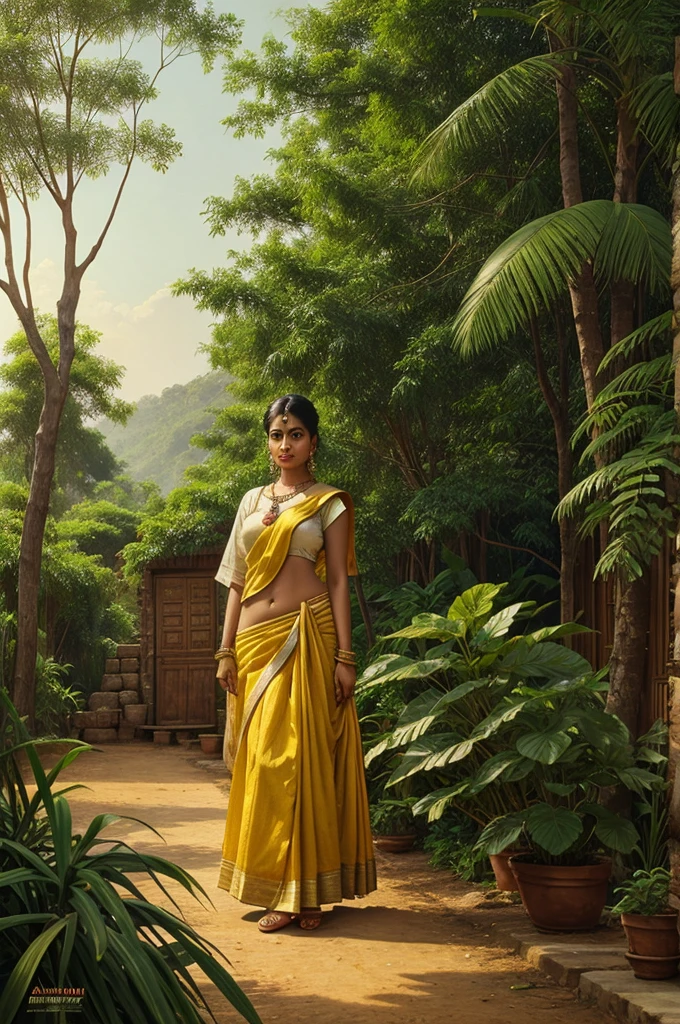like Ravi varma painting a village with plants and trees