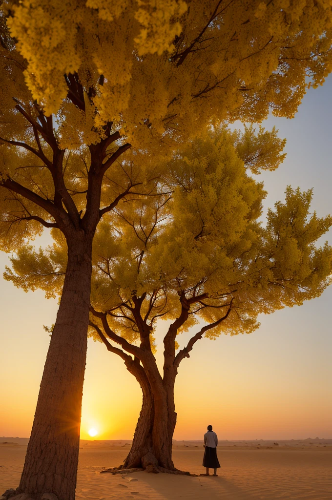 Arabian desert with just a very large tree with yellow flowers and an Arab man underneath it watching the sunset on the horizon