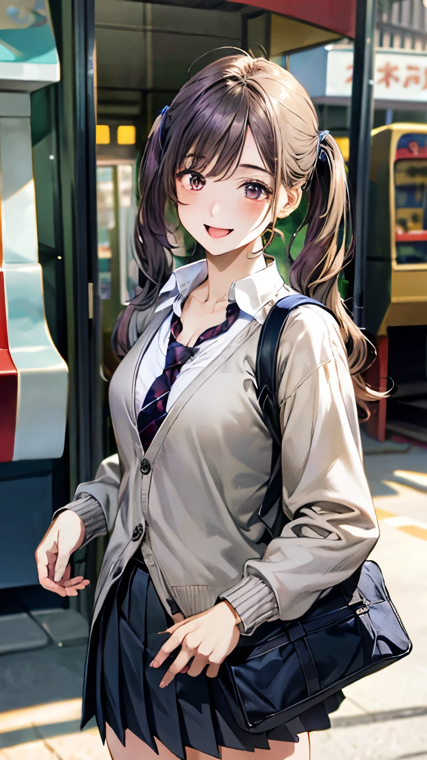 (masterpiece:1.2, top-quality), (realistic, photorealistic:1.4), beautiful illustration,
looking at viewer, cowboy shot, front view:0.8,
1 girl, japanese, high school girl, (long hair:1.5), blond hair, (twintail:1.7), bangs, hair between eye, purple eyes, skin fang, large :0.8,
beautiful hair, beautiful face, beautiful detailed eyes, beautiful clavicle, beautiful body, beautiful chest, beautiful thigh, beautiful legs, beautiful fingers,
(beautiful scenery), , school,
((collared shirt, white shirt, school uniform, cardigan, red plaid pleated skirt, blue plaid bow tie, blue plaid hair ribbon)), white pantieshose, brordigan,
standing, walking,
smile, ,