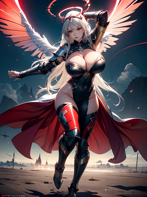 vibrant colors, sexy valkyrie big black wings, masterpiece, sharp focus, best quality, depth of field, 8k, glow behind, long hair, long flowing hair, beautiful look, ((red glowing eyes)), purple-black magic, red energy, large breasts in clothes, ((sexy closed fantasy black-silver armor)), ((levitation pose)), ((bright red halo above head)), ((battlefield)), ((fantasy scandinavian style)), huge breasts,、,photorealism,  highly detailed,Angewomon, full body, 、 full body (NSFW breasts), hdri, extremely naked, nude, nua, pelada, nsfw, gigantic breast 1.9, no half leg