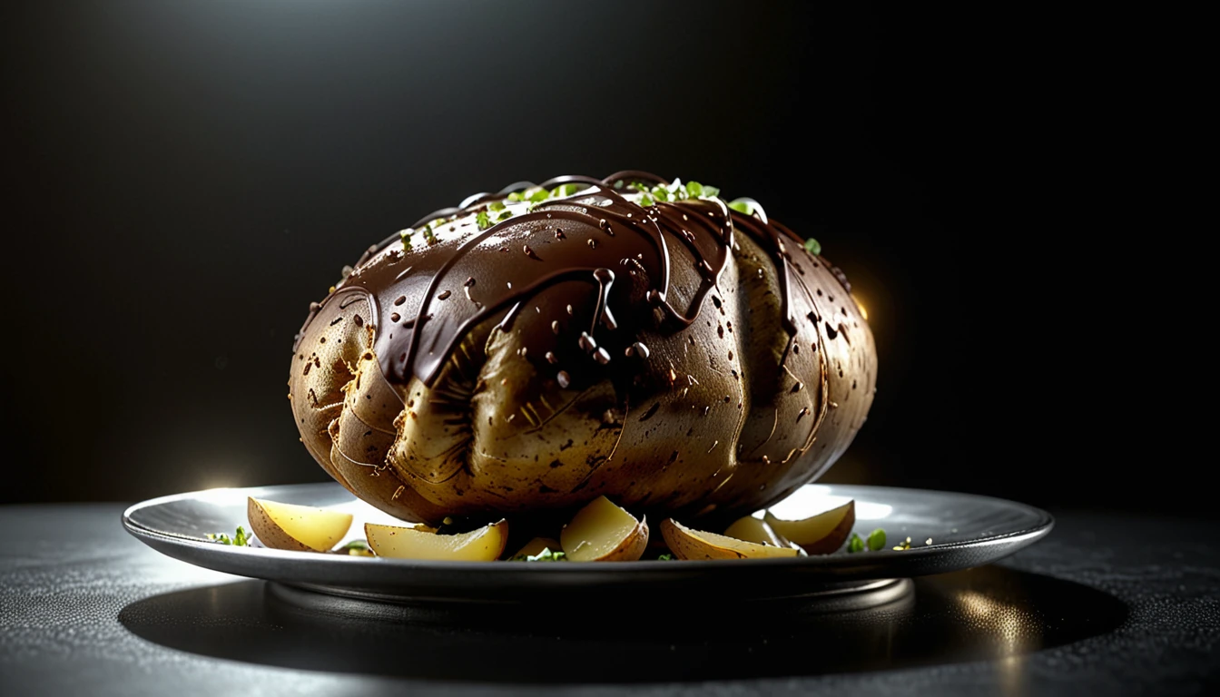 ((full scene, movie scene:1.2)), (((Dutch angle: 1.2))), (((masterpiece))), presentation, best quality, illustration, Hyperdetailed, RAW realistic photography of a potato made out of chocolate, served and presented on a silver plate in a spotlight, a 36k, high definition, cinematic, realistic stylized digital art, ultra high definition, 8k, unreal engine 5, ultra sharp focus, intricate artwork masterpiece, ominous, epic, 4k details, ultra details, dynamic lighting, cinematic, photo-realistic, 50mm lens, f/2.8, natural lighting, HDR, realism, mysterious, 64 megapixels, depth of field, hyperrealism, photorealistic, 32k ultra fine detail, masterpiece, High detailed, Realism, Epic, Enhance, Beautify, Epicrealism, intricate, detailed, 500px, (depth of field), Realism, REALISTIC, Hyperrealistic, Realism, Photo, Movie Still, cinematic, in a spotlight, more detail XL, Movie Still, more detail XL, Movie Poster, Extremely Realistic, image is taken with a ((Dutch angle: 1.2)),