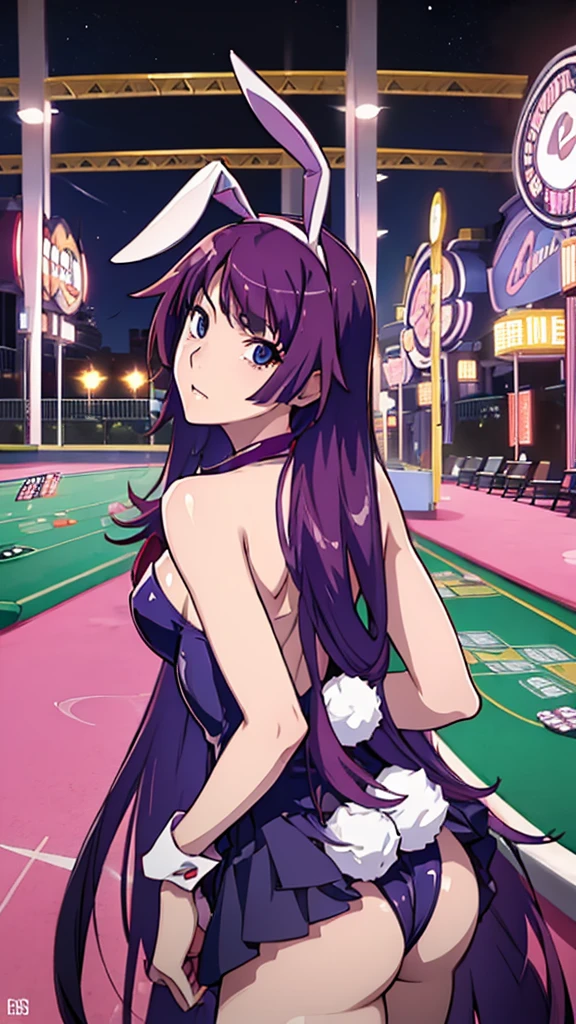 ((hitagisenjougahara)), One girl, alone, Long Hair,(((casino))), View Viewer, blue eyes,(((Playboy、Bunny girl))), Are standing, Purple Hair, ((Senjougahara Hitagi))