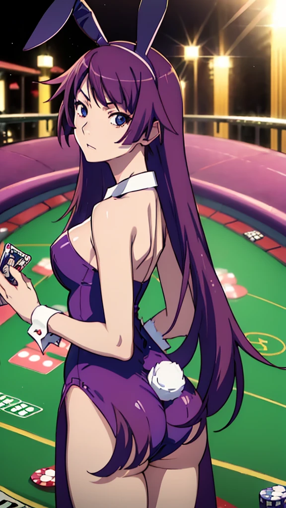 ((hitagisenjougahara)), One girl, alone, Long Hair,(((casino))), View Viewer, blue eyes,(((Playboy、Bunny girl))), Are standing, Purple Hair, ((Senjougahara Hitagi))