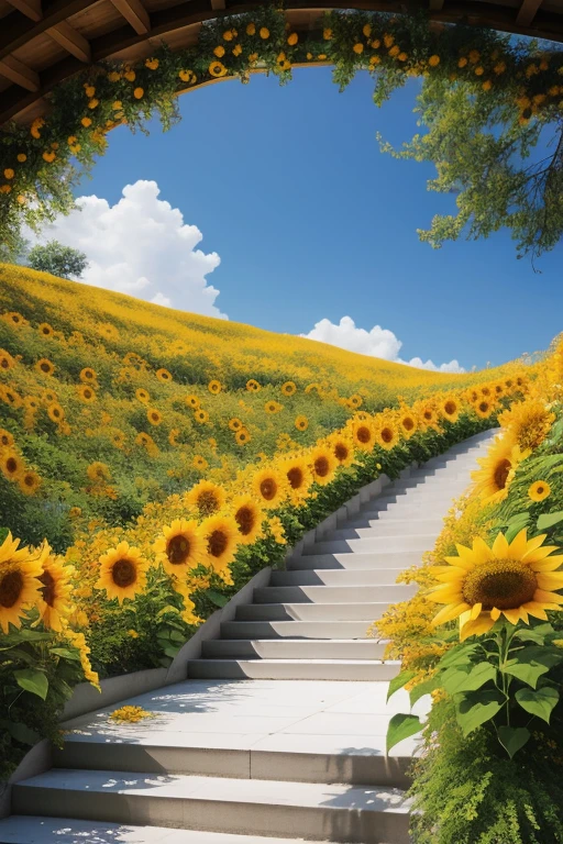 A captivating visual representation of a stairway ascending to the ethereal sky, adorned with vibrant sunflowers on either side, merging seamlessly with the serene blue expanse above. The high-resolution depiction in Ultra High Definition showcases exquisite details in both the stairway's architectural intricacies and the petals of the sunflowers themselves. The stairway is bathed in the warm, golden glow of the setting sun, casting long, dynamic shadows that add to the scene's sense of depth and drama. The stairway's simple, elegant design complements the whimsical beauty of the sunflowers, creating a visually striking blend of