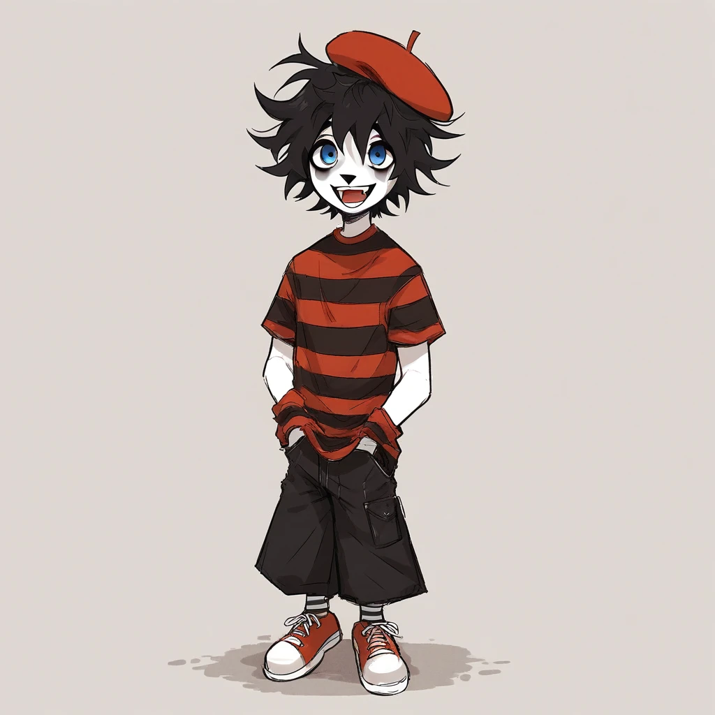 adult tall male mime, shirt grunge, sketchy lines, messy hair, black hair, wearing a beret, score_8_up, score_9_up,happy, has mime makeup on, wearing a mime outfit, dark blue eyes, performing on the streets of paris, showing full body, on a city street, solo, alone, (SOLO)(ALONE) Dancing, arms out, hands open