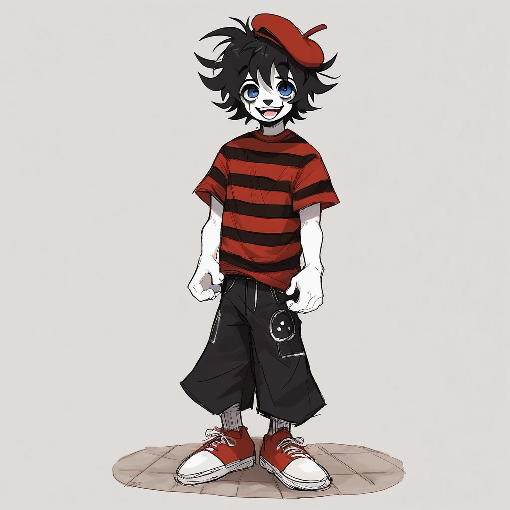 adult tall male mime, shirt grunge, sketchy lines, messy hair, black hair, wearing a beret, score_8_up, score_9_up,happy, has mime makeup on, wearing a mime outfit, dark blue eyes, performing on the streets of paris, showing full body, on a city street, solo, alone, (SOLO)(ALONE) Dancing, arms out, hands open