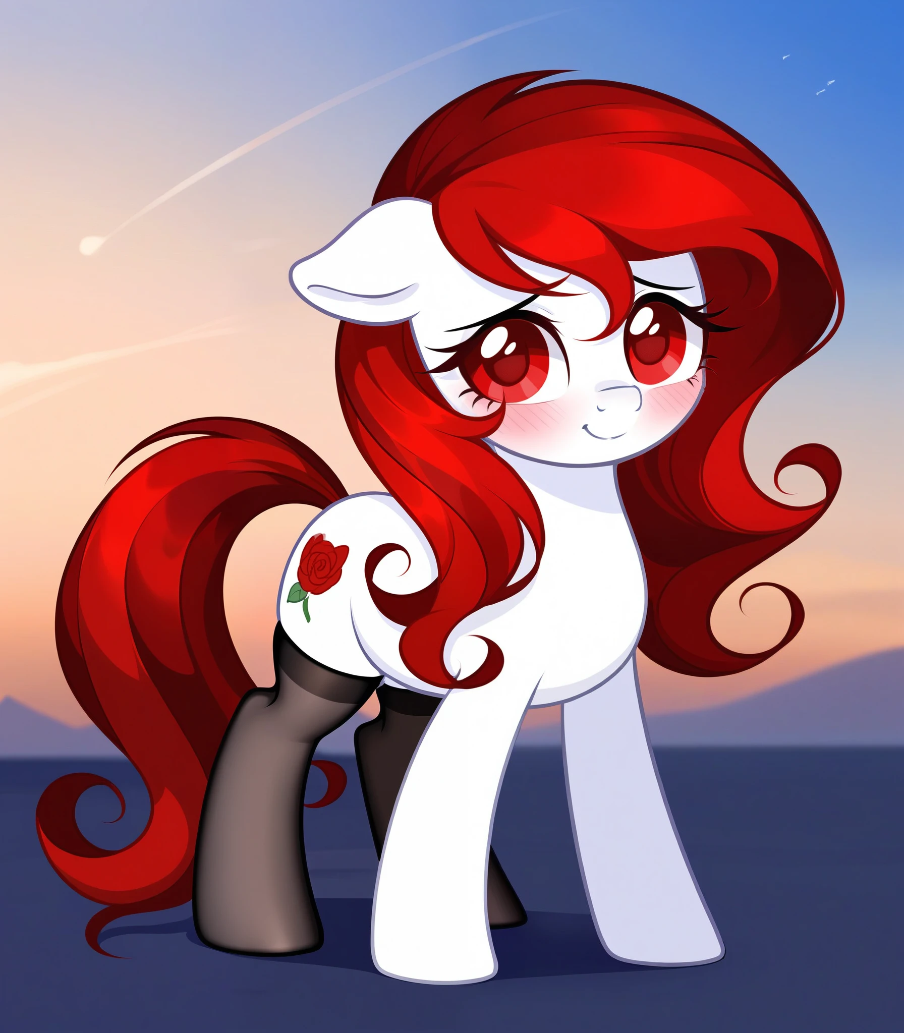 red hair, white body, red eyes, long hair, sky face, stockings, shy pose, my little pony 