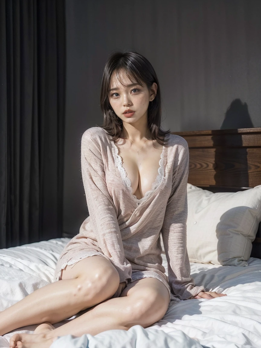 beautiful young woman in sexy pink pajamas, laying on bed, sensual pose, , (blunt bang):1.5 ,detailed face, beautiful detailed eyes, beautiful detailed lips, extremely detailed eyes and face, (best quality,4k,8k,highres,masterpiece:1.2),ultra-detailed,(realistic,photorealistic,photo-realistic:1.37),HDR,studio lighting,extreme detail description,professional,vivid colors,soft warm lighting,moody lighting,dramatic lighting,(full body), (dark bedroom interior, minimal lighting, night:1.5)