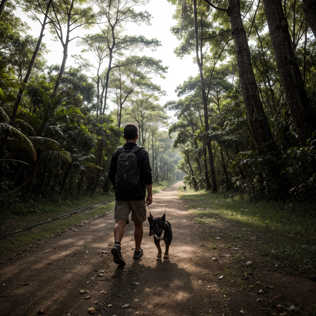 scene with the camera close to the ground, mostrando um adulto com mochila nas costas, like a survivalist and a small dog leaving a highway and heading towards a tropical forest, a qual parece ser abandonada, with many trees. Em primeiro plano, cogumelos estranhos soltando esporos no ar, as if it had the intention of infecting the boy who is walking and a shadow as if it were someone following the person