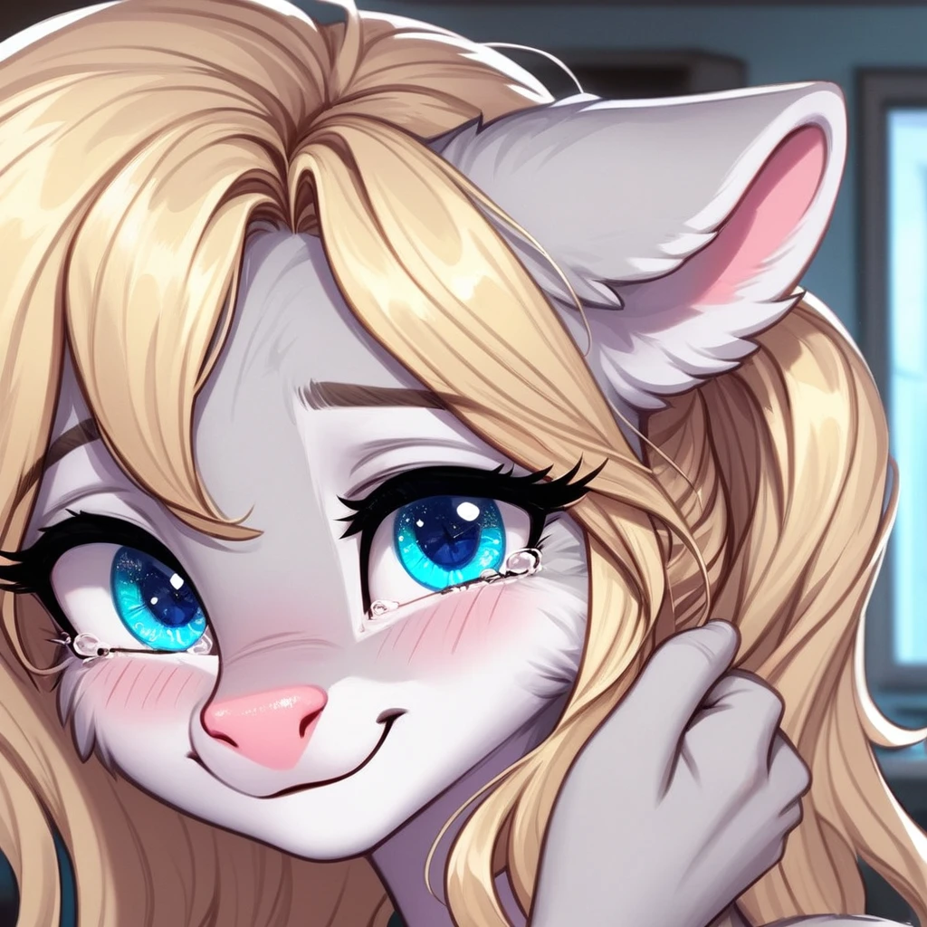 a result_9,a result_8_higher,a result_7_higher, source_cartoon, source_Frey, time, (Masterpiece, Best quality:1.2), an anthro Frey feline girl, Silver fur, Gray lines, Pink nose, Single, :3, Blue eyes, White bristles, Blonde hair, pony tail, Side locks, Acquaintance, Inside, in a room,Have sex, The viewer caresses her face, She is smiling, She holds the viewers hand, she’s tearing higher, close higher