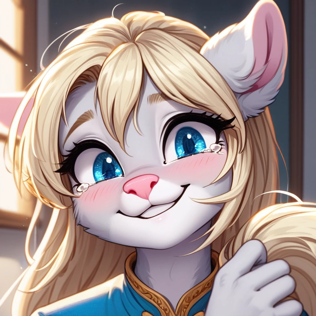 a result_9,a result_8_higher,a result_7_higher, source_cartoon, source_Frey, time, (Masterpiece, Best quality:1.2), an anthro Frey feline girl, Silver fur, Gray lines, Pink nose, Single, :3, Blue eyes, White bristles, Blonde hair, pony tail, Side locks, Acquaintance, Inside, in a room,Have sex, The viewer caresses her face, She is smiling, She holds the viewers hand, she’s tearing higher, close higher