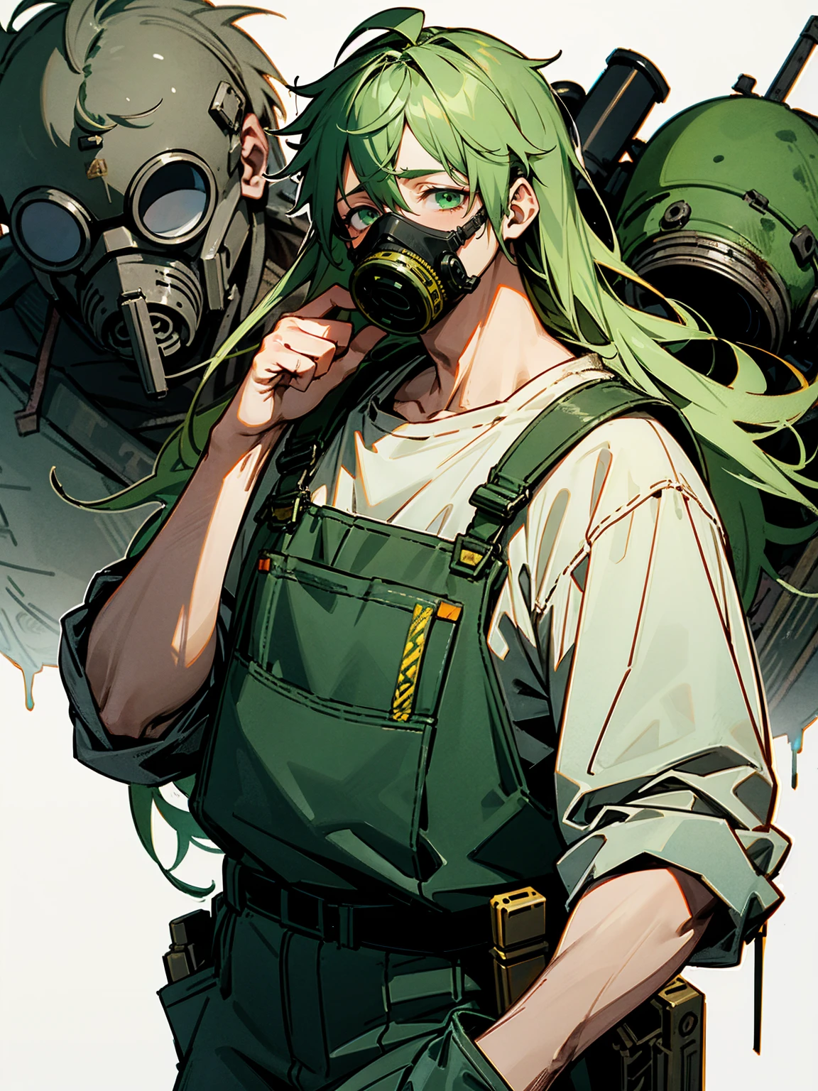 1male, green messy hair, long hair, dirty, stained overalls, goggles, scrap yard, crazy expression, fat, gas mask