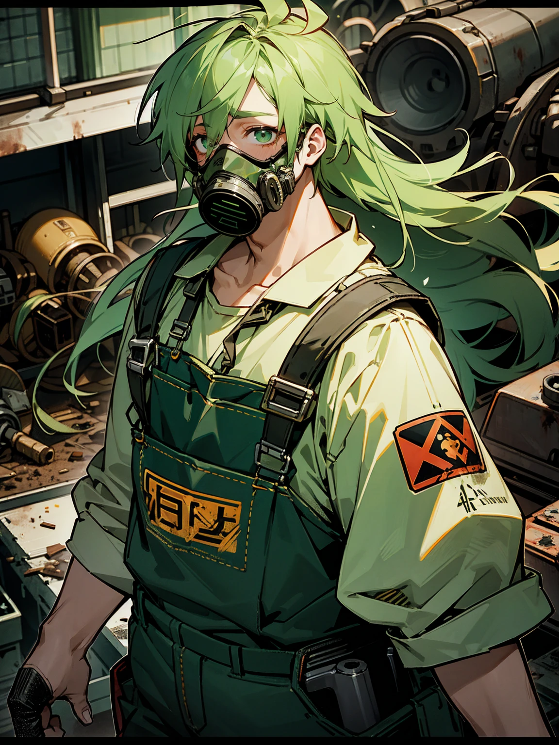 1male, green messy hair, long hair, dirty, stained overalls, goggles, scrap yard, crazy expression, fat, gas mask