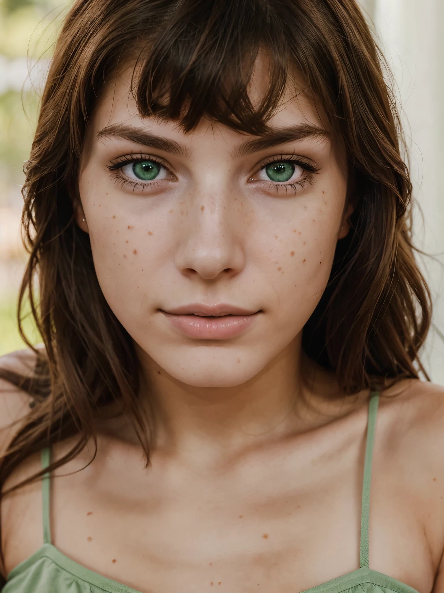 Realistic portrait photo of a beautiful 20-year-old woman with brown hair, influencer, clear and intense green eyes, instagram, slim body, playful, flawed skin, north american, american, brunette, mole under eye, flirty, busty, buxom