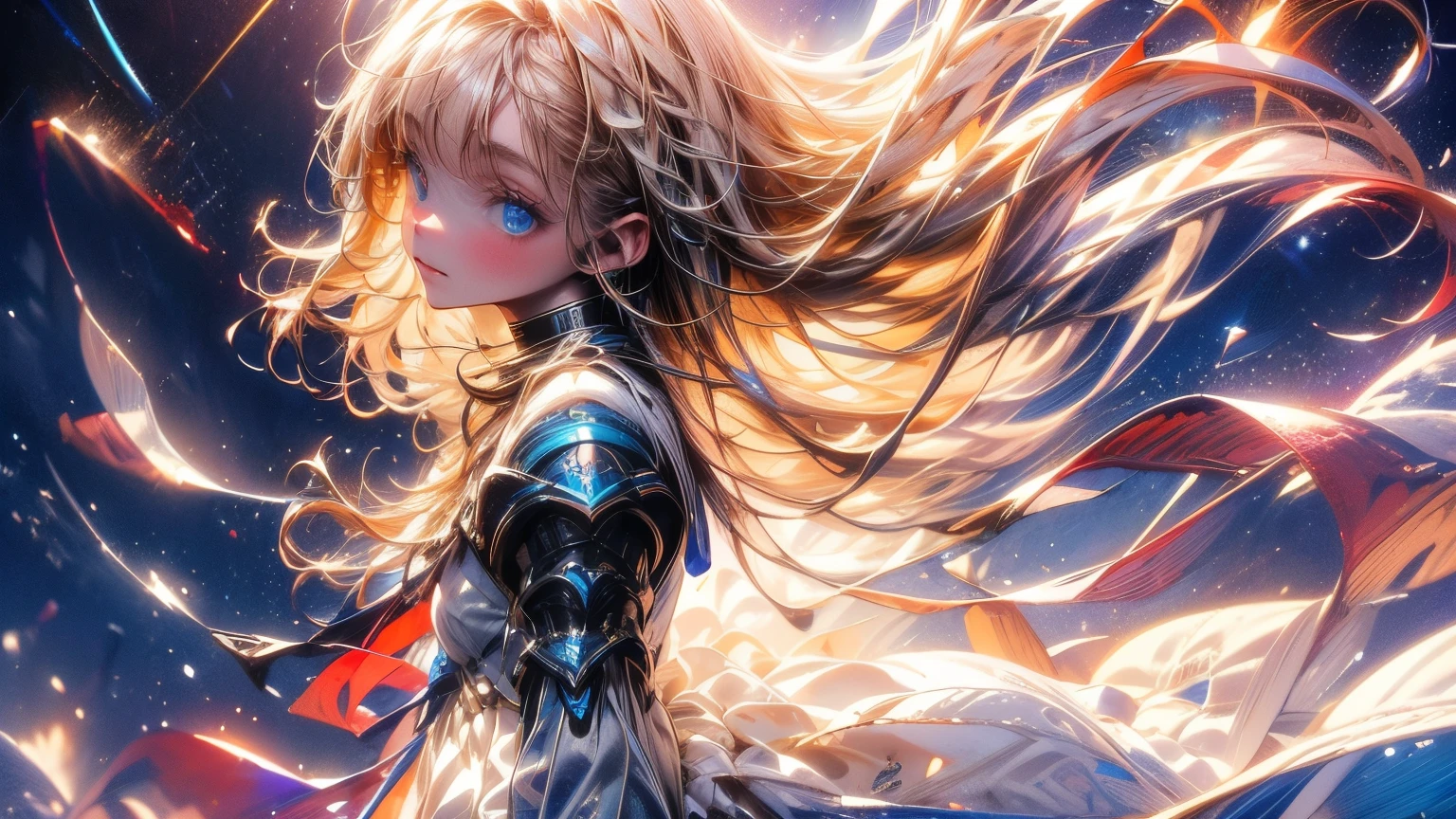 1girl, 18+, front view, standing, (blue eyes), (long blonde hair, floating in space), (white and cream-colored costume), (shining armor), (holding glow stick), (glow:1), (out of focus stars), (deep blue background), (sweeping motion of arms), (forward gaze), ( slightly turned head), (relaxed pose), (scattered stars), (soft lighting), (warm colors), (muted colors), (low-key), (high contrast), (focus on character), ( details in hair and eyes), (minimal background details)