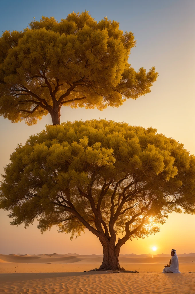  Arabian desert with just a very large tree with yellow flowers and an Arab man underneath it watching the sunset on the horizon
