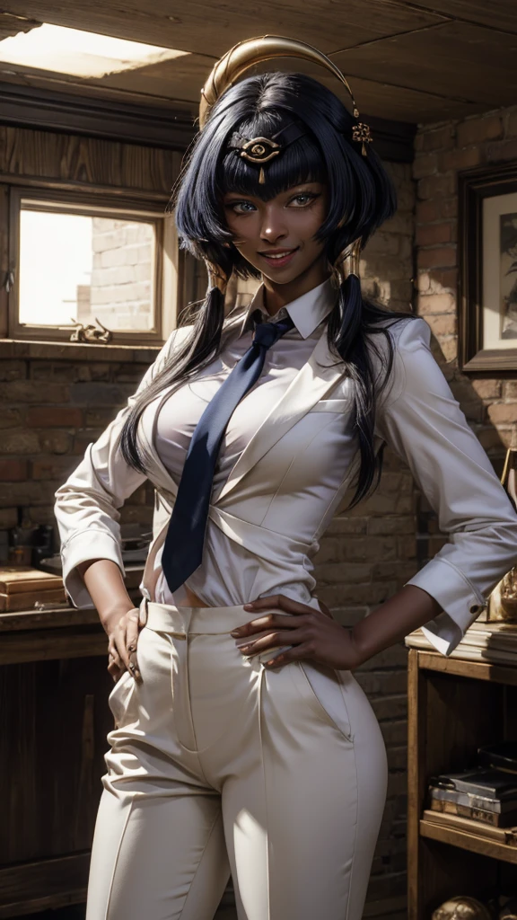 (masterpiece, best quality, detailed), 1boy androgynous and effeminate , solo, looking at viewer, candace, (dark skin, dark-skinned female:1.3), eye of horus, jewelry, short hair with long locks, sidelocks, large breasts, long hair, ((heterochromia)),
pant suit, suit, formal, white suit, white pants, necktie, white shirt, basement, (dark:1.5), dimly lit, ojou-sama pose, laughing, hand on hip, naughty face, smug