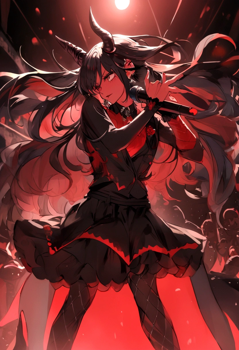 , skirt, black long hair, cool pose, dynamic, devil, Standing Microphone