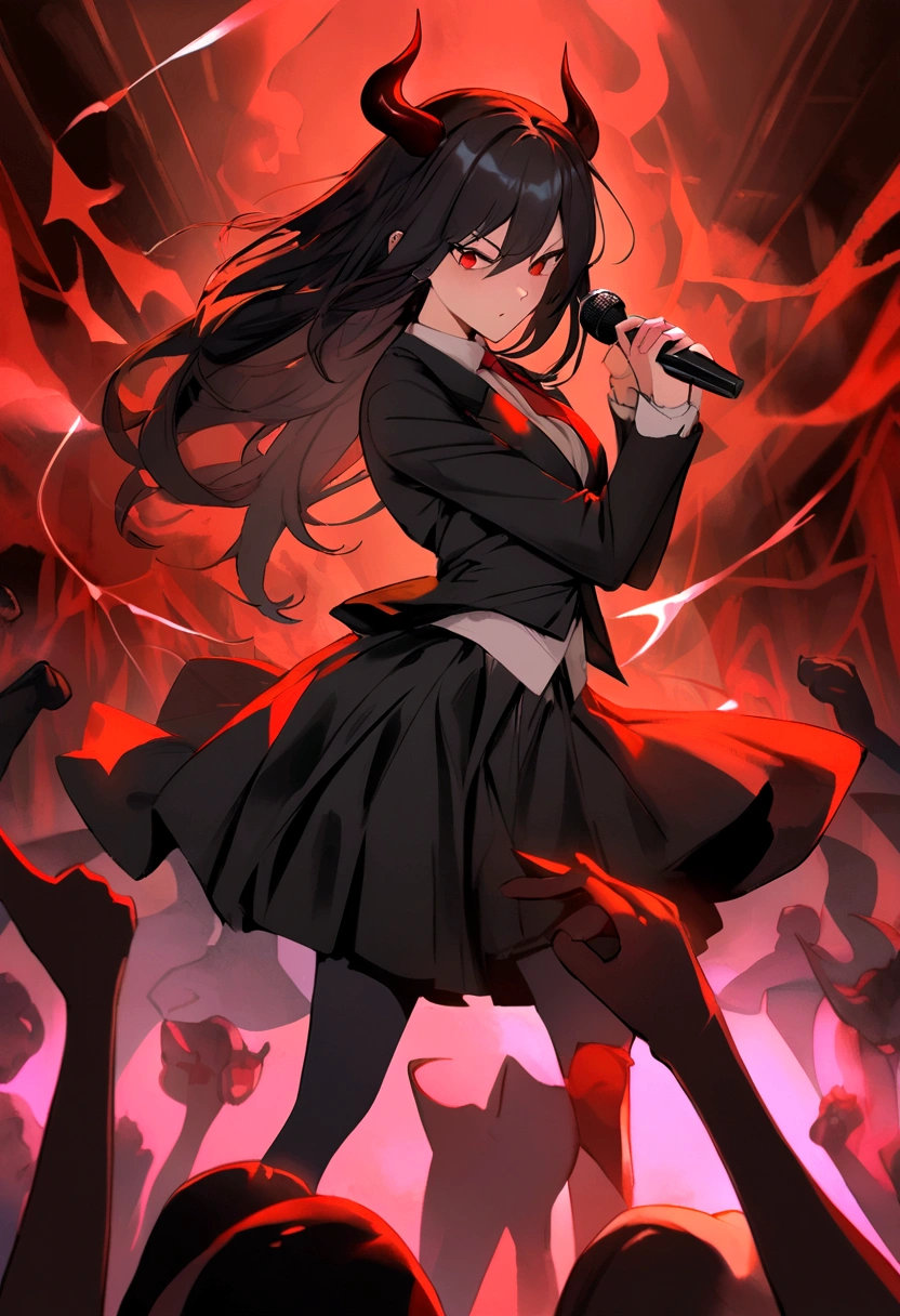 , skirt, black long hair, cool pose, dynamic, devil, Standing Microphone