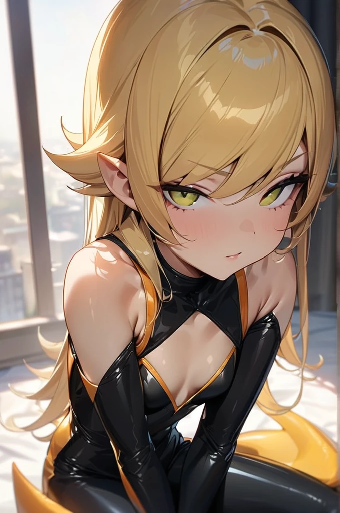 ((Best quality)), ((masterpiece)), (detailed), ((masterpiece)), ((high quality)), solo, oshino shinobu, blonde hair, (((seductive look))), small breasts, uzip suit, look at viewer, sexy, eroti