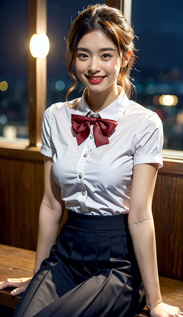 (8k, RAW Photos, highest quality, masterpiece:1.2), (Realistic, photo-Realistic:1.37), Super detailed, 1 girl,cute, alone,Beautifully detailed skies,Detailed cafe,night,Sitting,Date,(Red nose),(smile:1.1),(Mouth closed),Big Breasts, seductive smile, Wide opening, Professional Lighting, Sony A7R4, Zesse 50mm F1.8, Beautiful fine details,(Collared shirt:1.1), bow tie,Pleated skirt with a soft texture