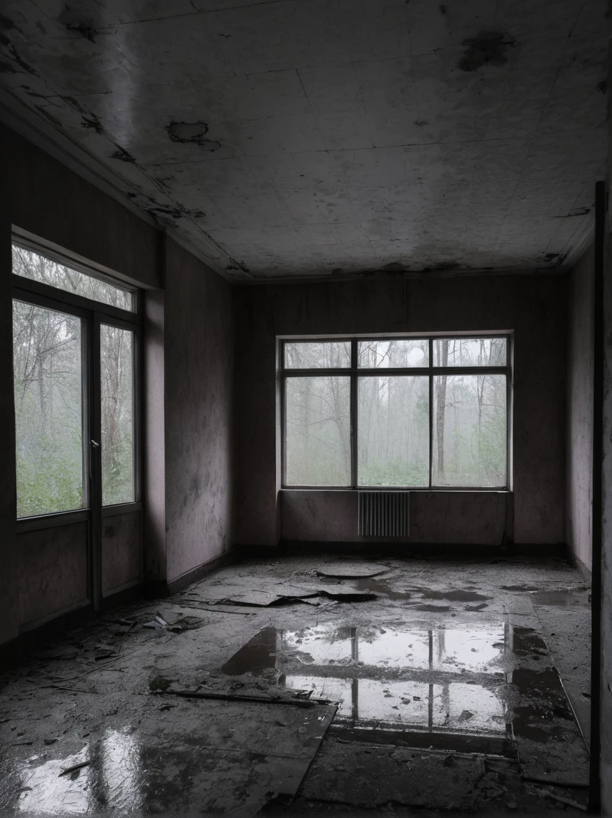((mejor calidad)), ((obra maestra)), Arquitectura brutalista abandonada de Pripyat, rainy day, trueno, truenobolt, Foto DSLR hiperrealista, nikon d5,negro,oscuro,neblina,horror