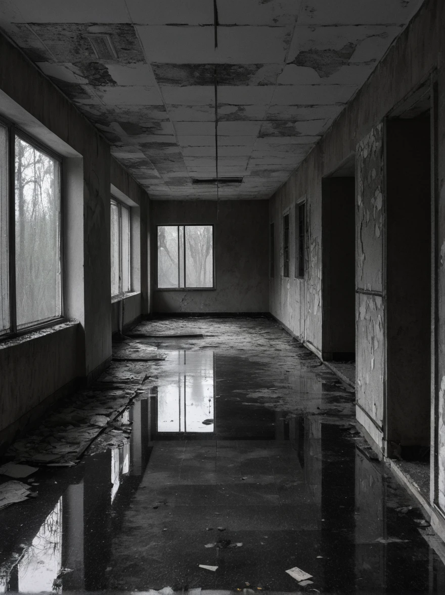 ((mejor calidad)), ((obra maestra)), Arquitectura brutalista abandonada de Pripyat, rainy day, trueno, truenobolt, Foto DSLR hiperrealista, nikon d5,negro,oscuro,neblina,horror