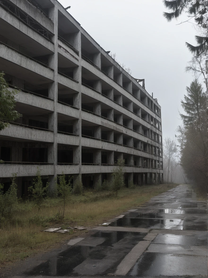 ((mejor calidad)), ((obra maestra)), Arquitectura brutalista abandonada de Pripyat, rainy day, trueno, truenobolt, Foto DSLR hiperrealista, nikon d5,negro,oscuro,neblina,horror