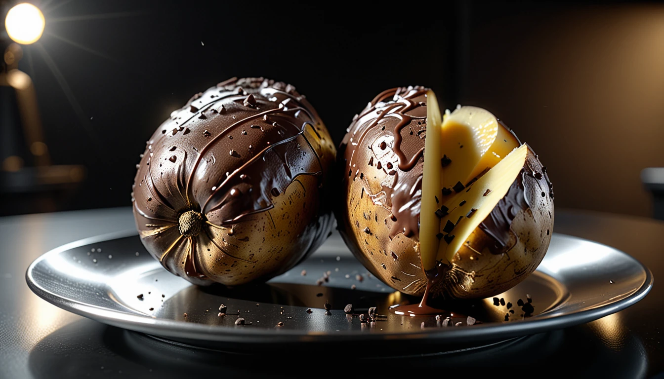 ((full scene, movie scene:1.2)), (((Dutch angle: 1.2))), (((masterpiece))), presentation, best quality, illustration, Hyperdetailed, RAW realistic photography of a potatoe/chocolate hybrid mix, served and presented on a silver plate in a spotlight, a 36k, high definition, cinematic, realistic stylized digital art, ultra high definition, 8k, unreal engine 5, ultra sharp focus, intricate artwork masterpiece, ominous, epic, 4k details, ultra details, dynamic lighting, cinematic, photo-realistic, 50mm lens, f/2.8, natural lighting, HDR, realism, mysterious, ?? megapixels, depth of field, hyperrealism, photorealistic, 32k ultra fine detail, masterpiece, High detailed, Realism, Epic, Enhance, Beautify, Epicrealism, intricate, detailed, 500px, (depth of field), Realism, REALISTIC, Hyperrealistic, Realism, Photo, Movie Still, cinematic, in a spotlight, more detail XL, Movie Still, more detail XL, Movie Poster, Extremely Realistic, image is taken with a ((Dutch angle: 1.2)),