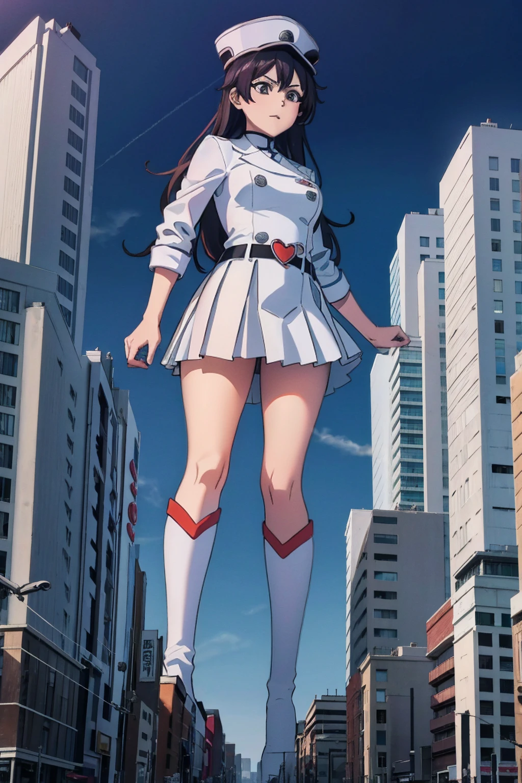 Giant maiden in sneakers，der riese、Girl taller than the building，from below, round and large eyes、tallgts,giantess，Full body photo，BuildingSeat, white uniform，Big breasts，pencil skirts，black lence stockings，white boots，cleveage of the breast、a miniskirt、Modern miniature buildings、top-quality、Watercolor style、