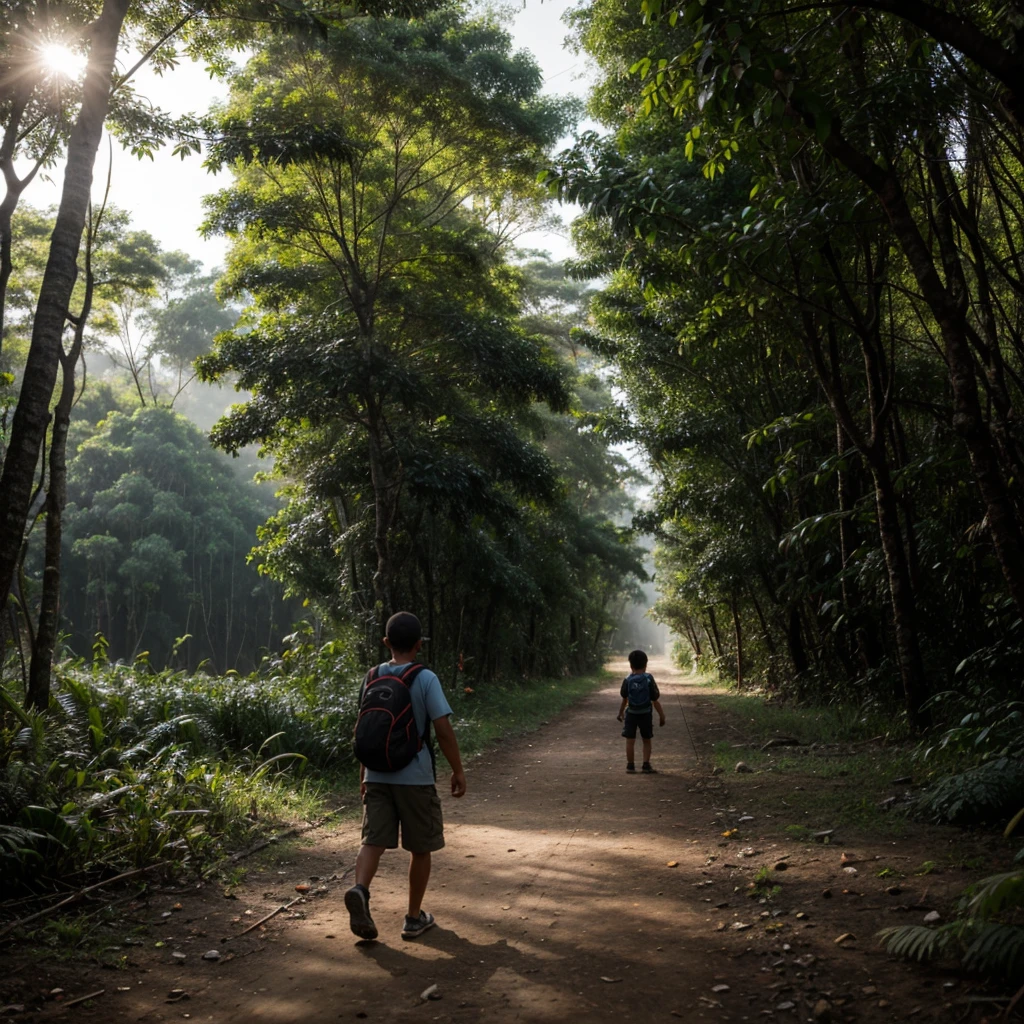 scene with the camera close to the ground, mostrando um adulto com mochila nas costas, like a survivalist and a small dog leaving a highway and heading towards a rainforest in an apocalypse, a qual parece ser abandonada, with many trees. Em primeiro plano, cogumelos estranhos soltando esporos no ar, as if it had the intention of infecting the boy who is walking and a shadow as if it were someone following the person