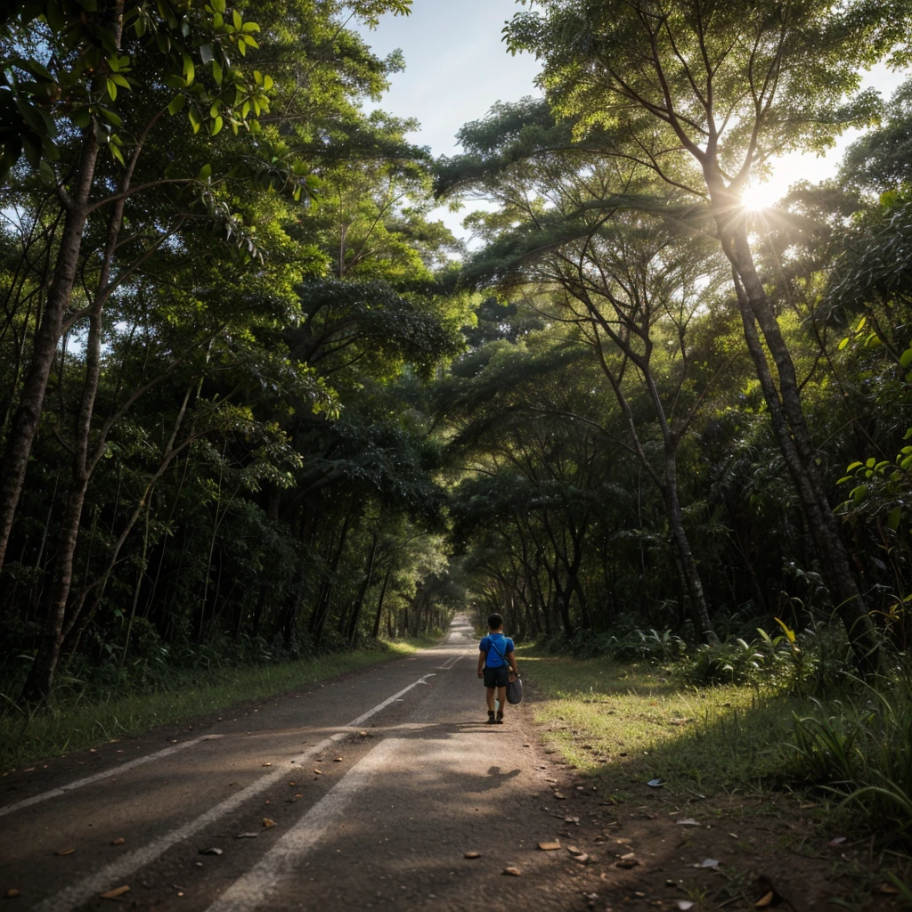 scene with the camera close to the ground, mostrando um adulto com mochila nas costas, like a survivalist and a small dog leaving a highway and heading towards a rainforest in an apocalypse, a qual parece ser abandonada, with many trees. Em primeiro plano, cogumelos estranhos soltando esporos no ar, as if it had the intention of infecting the boy who is walking and a shadow as if it were someone following the person