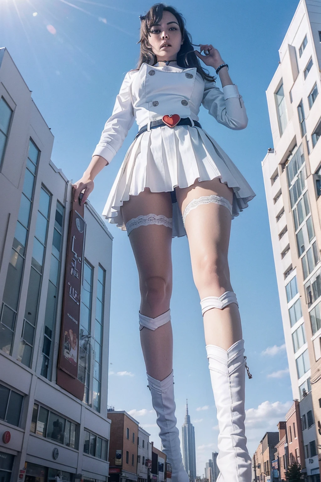 Giant maiden in sneakers，der riese、Girl taller than the building，from below, round and large eyes、tallgts,giantess，Full body photo，BuildingSeat, white uniform，Big breasts，pencil skirts，black lence stockings，white boots，cleveage of the breast、a miniskirt、Modern miniature buildings、top-quality、Watercolor style、
