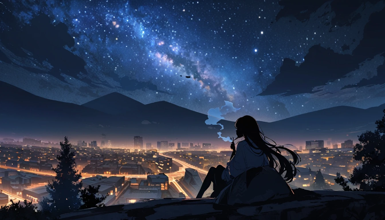 octans, sky, star (sky), scenery, starry sky, night, 1girl smoking, night sky, solo, outdoors, building, cloud, milky way, sitting, tree, long hair, city, silhouette, cityscape