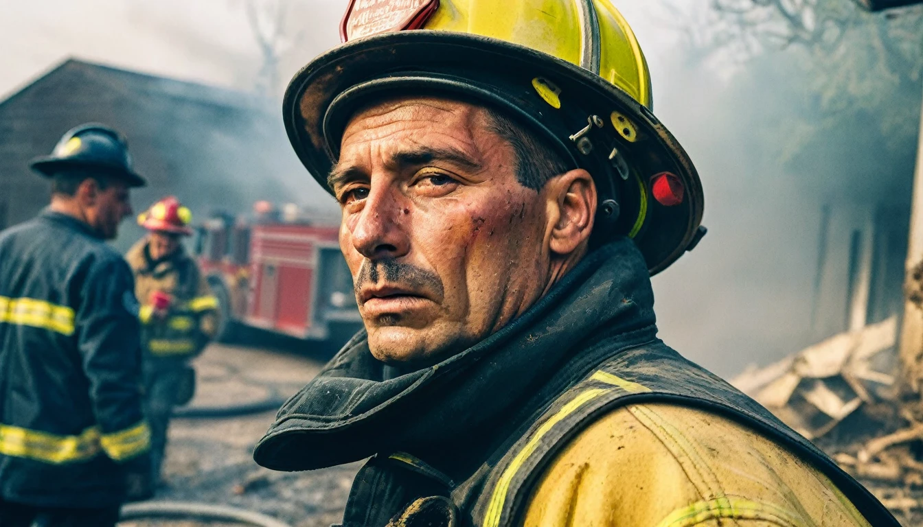 Fotografia em (estilo stvmccrr), portrait of an exhausted firefighter shortly after extinguishing a fire, retrato cultural, fotografia humana emotiva, analog film, film grain, kodacromo, detalhes intrincados, incrivelmente detalhado, natural lighting, 8K, HDR, Obra de arte, fotografia premiada