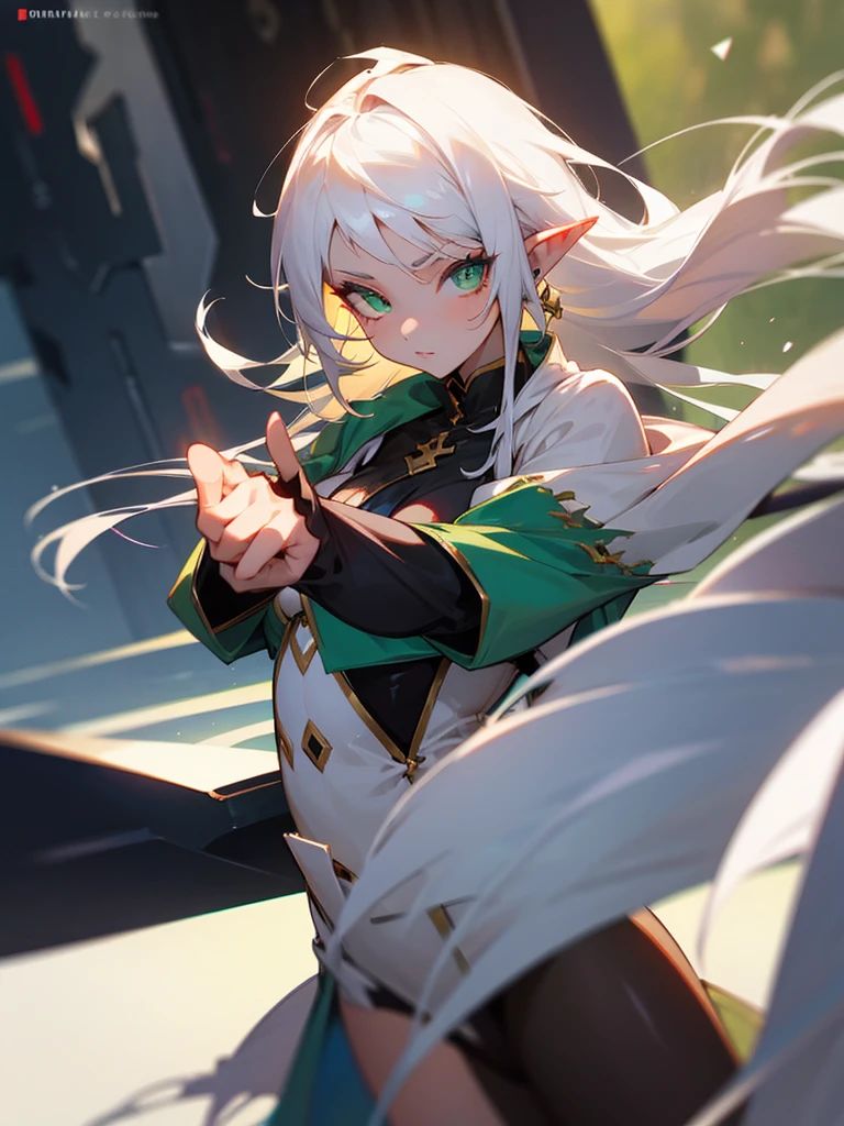 Hot girl, pointed ears, white hair, green eyes