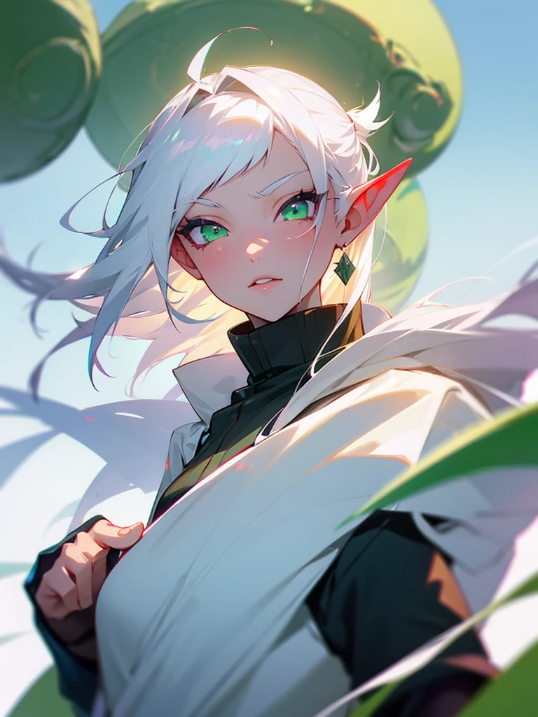 Hot girl, pointed ears, white hair, green eyes