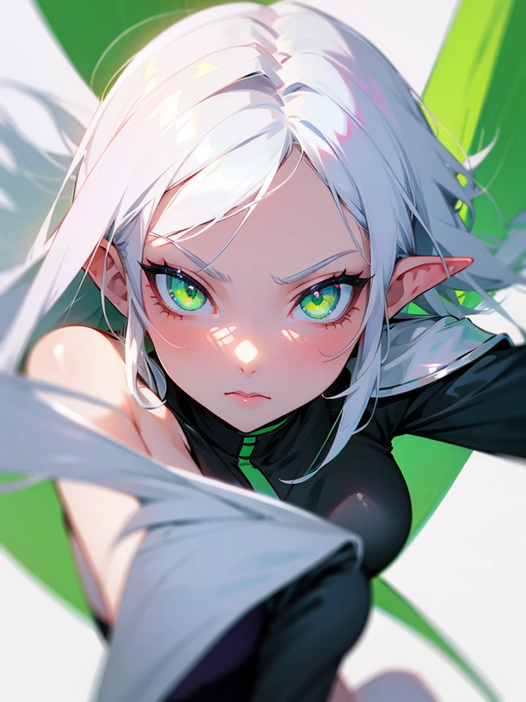 Hot girl, pointed ears, white hair, green eyes
