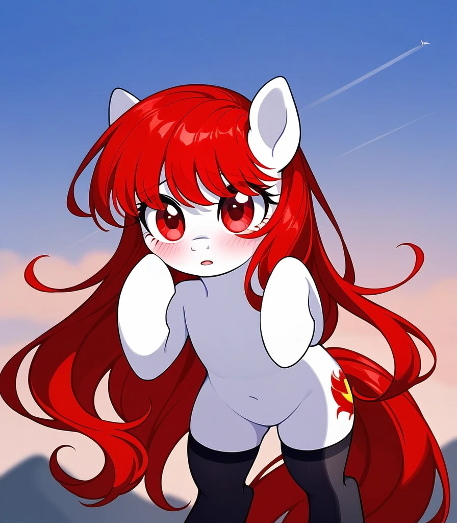 red hair, white body, red eyes, long hair, sky face, stockings, shy pose, my little pony