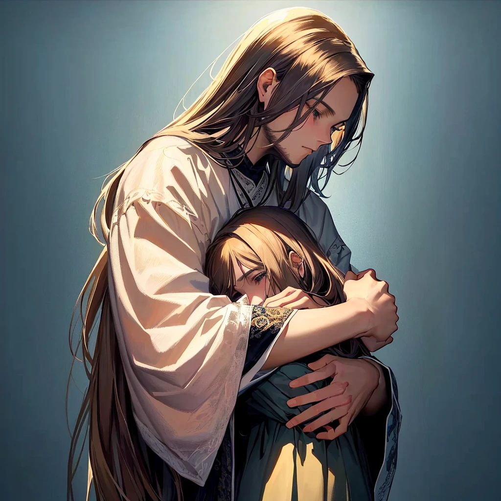 Jesus is holding a and hugging him with a sad face, Jesus hugging a woman, beautiful illustration, Jesus christ, Emotionales Bild, beautiful masterpiece, ! in der Hand haltend !, absolut herausragendes Bild, emotionale Konzeptkunst, very beautiful masterpiece, Jesus, most beautiful picture of all time, by László Balogh, Christliche Kunst, Vater, mit Kind