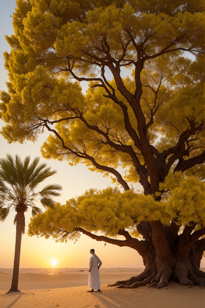 Arabian desert with just a very large tree with yellow flowers and an Arab man underneath it watching the sunset
