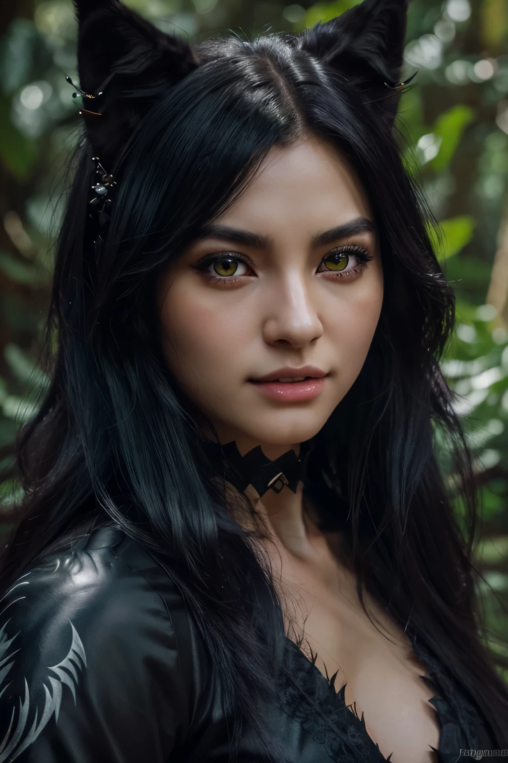 A highly detailed anime style wolf girl with long obsidian black hair, piercing green eyes, sharp fangs, intricate facial features, detailed fur texture, dynamic pose, mystical forest background, digital painting, (best quality,4k,8k,highres,masterpiece:1.2),ultra-detailed,(realistic,photorealistic,photo-realistic:1.37),vibrant colors,dramatic lighting