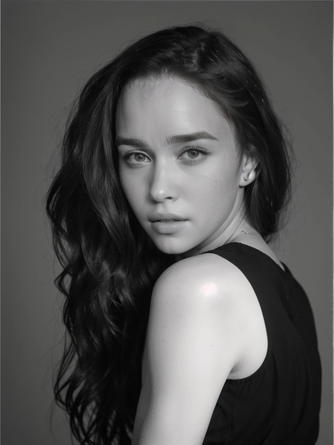 a black and white photo of a woman with long hair, inspired by Louisa Matthíasdóttir, headshot portrait, emilia clarke, by Siona Shimshi, young jennifer connelly, lilly collins, by Silvia Pelissero, julia hetta, scarlett hooft, by Emma Andijewska, black and white portrait, fanart