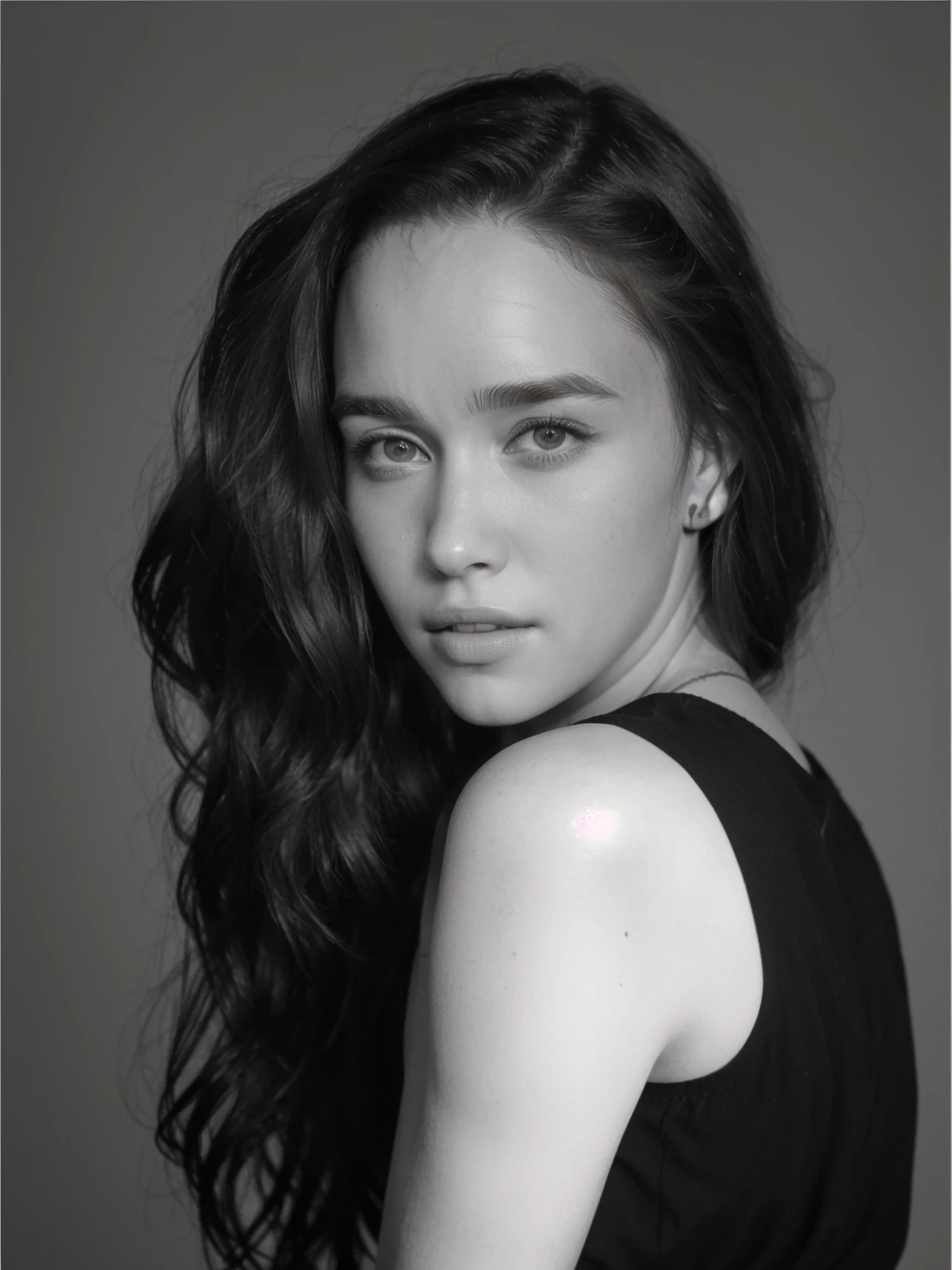 a black and white photo of a woman with long hair, inspired by Louisa Matthíasdóttir, headshot portrait, emilia clarke, by Siona Shimshi, young jennifer connelly, lilly collins, by Silvia Pelissero, julia hetta, scarlett hooft, by Emma Andijewska, black and white portrait, fanart