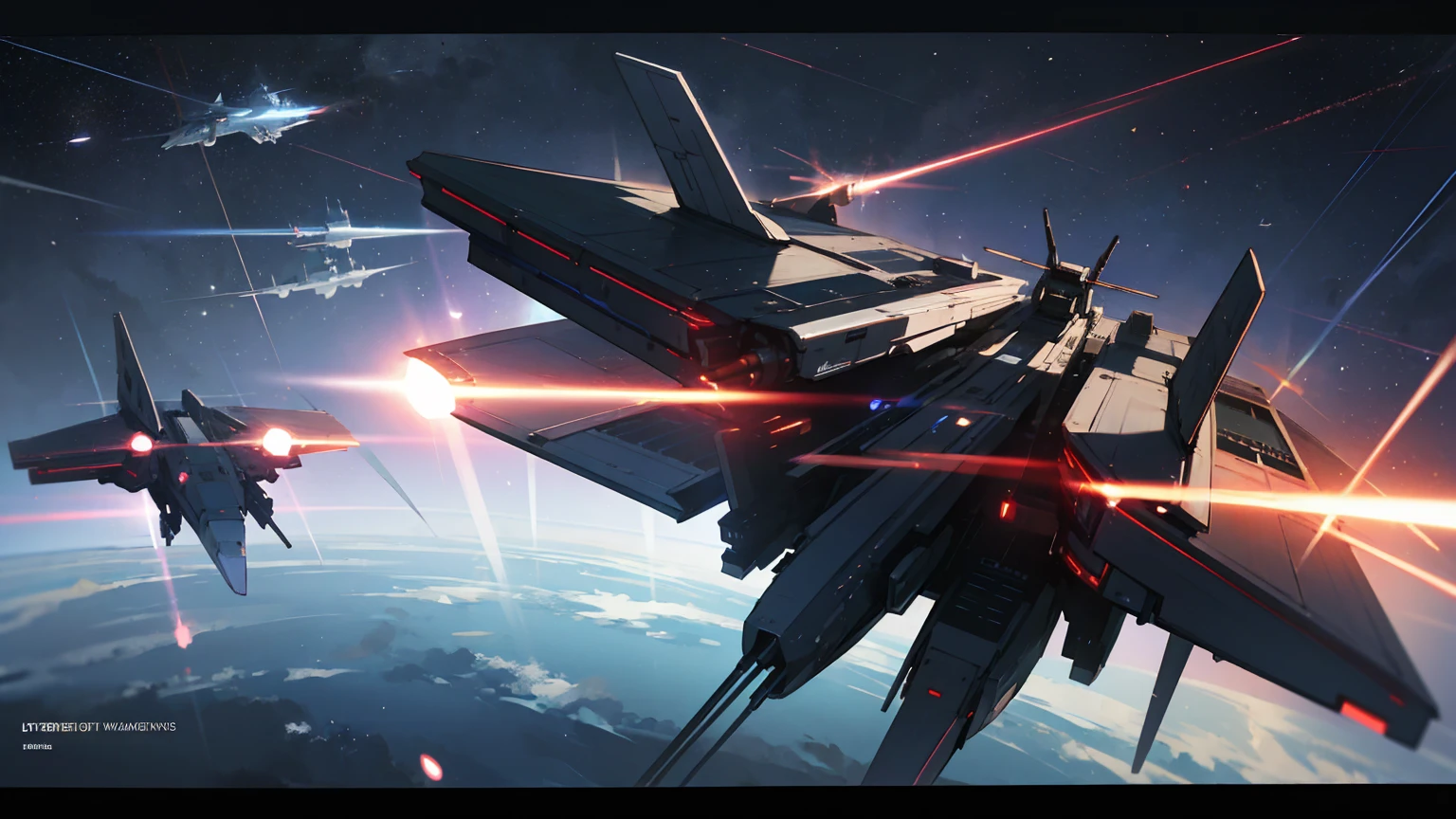 detailed sci-fi flying space battleships fighting, lasers, two fleets, one image