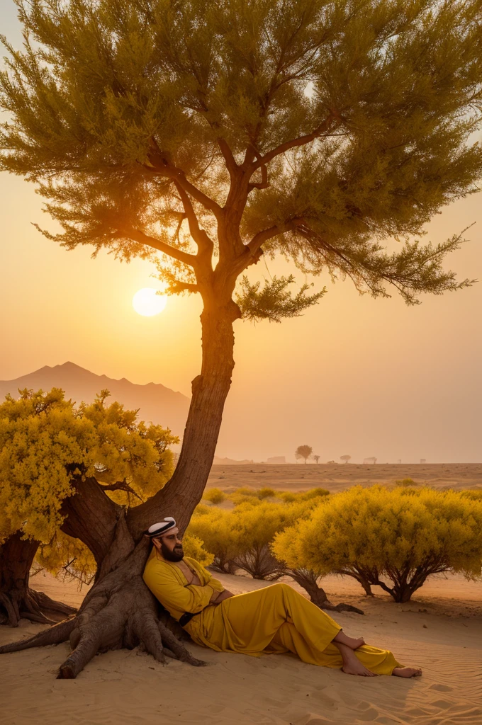 Arabian desert with just a very large tree with yellow flowers and an Arab man underneath it watching the sunset