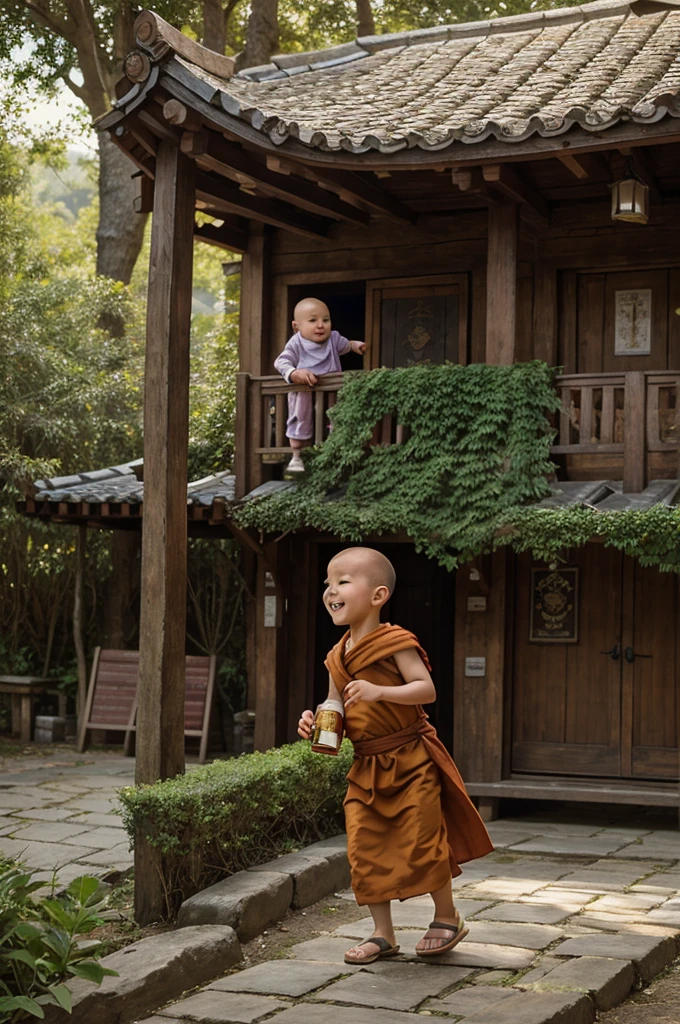 A mischievous monk baby has stolen a big beer bottle from the local tavern. The tiny monk's innocent face and playful antics have everyone in the village searching high and low to retrieve the bottle. Create a whimsical scene where the villagers, from stern monks to curious children, embark on a light-hearted chase through the temple grounds and nearby forest, all while the giggling baby monk keeps just out of reach